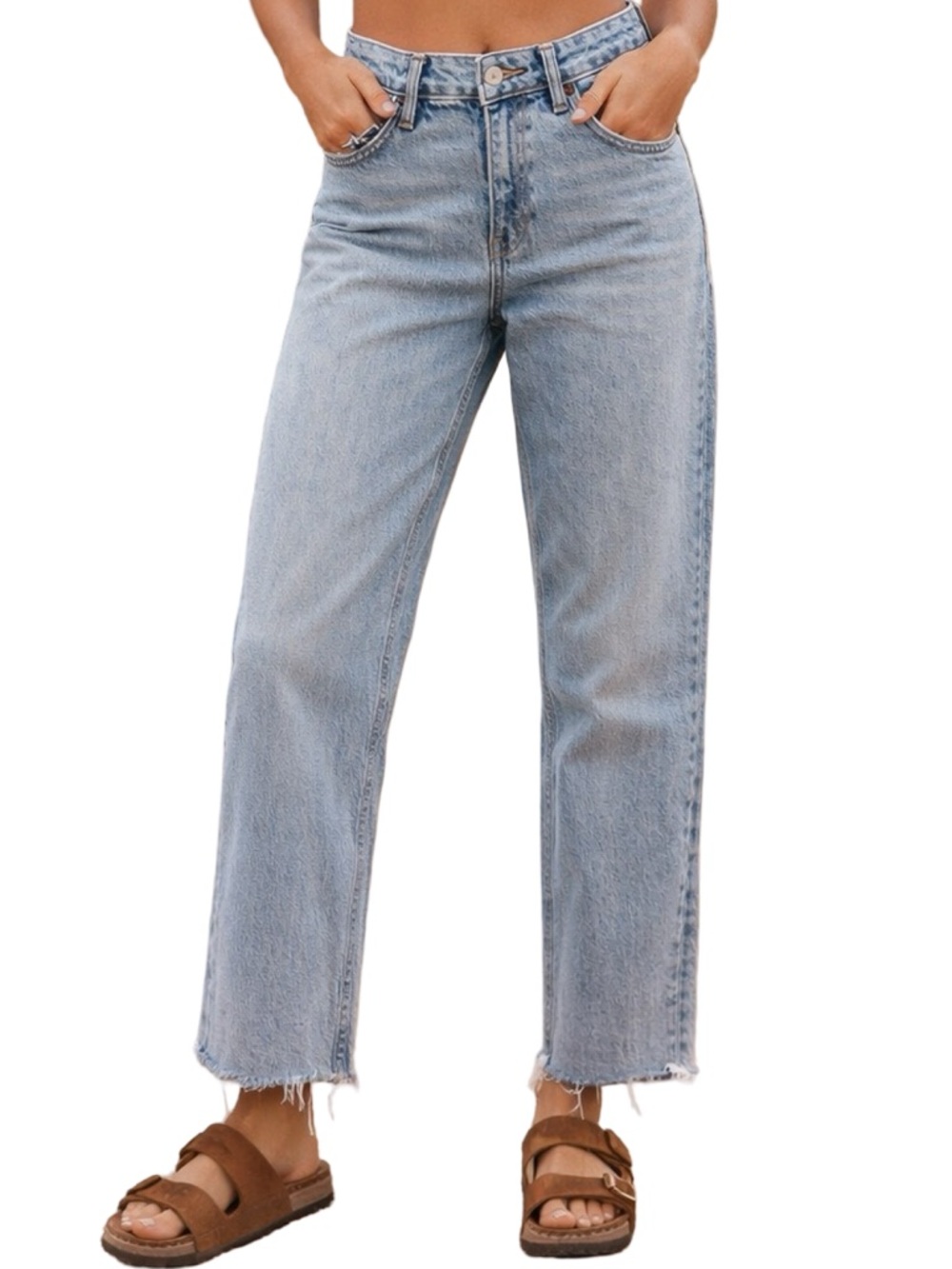 Top Shop High-Rise Straight Leg Womens Jeans in Light Blue Raw Hem Size 26